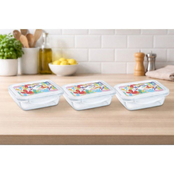 Matlåda - PYREX - Set med 3 glasbehållare - Rektangulär - Lufttätt lock - Abstrakt design - 0,80 L