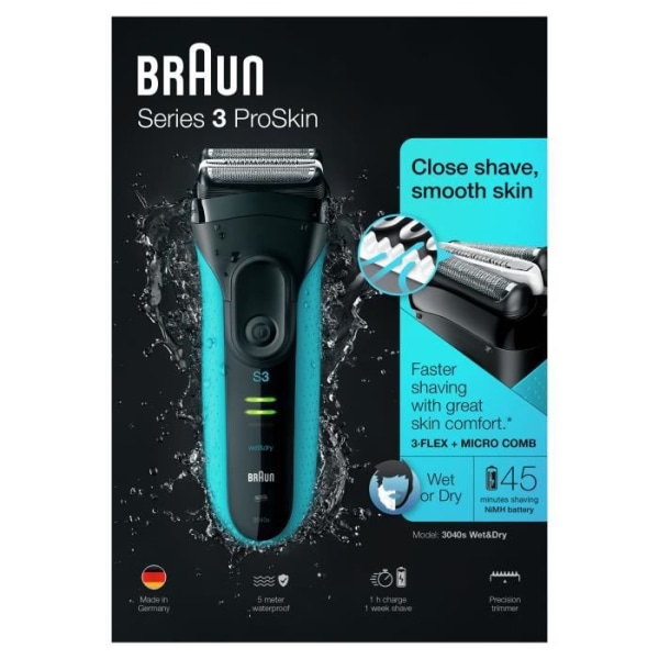 BRAUN Series 3 ProSkin 3040s Uppladdningsbar Elektrisk Rakapparat för Vått och Torrt - Blå