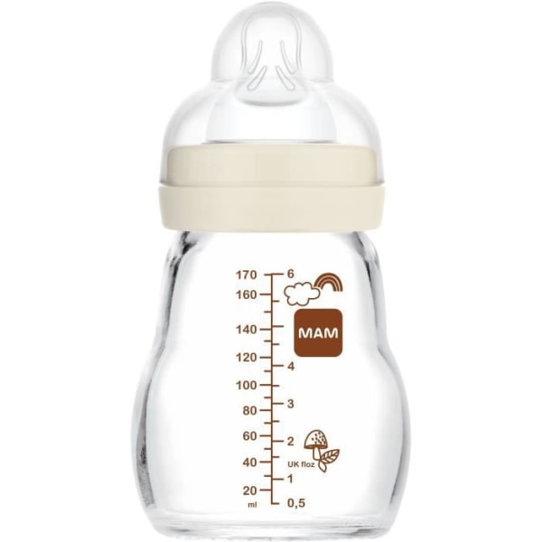MAM Glasflaska för glas - 170 ml - 0 till 6 månader - Flödespen 1 - Vit