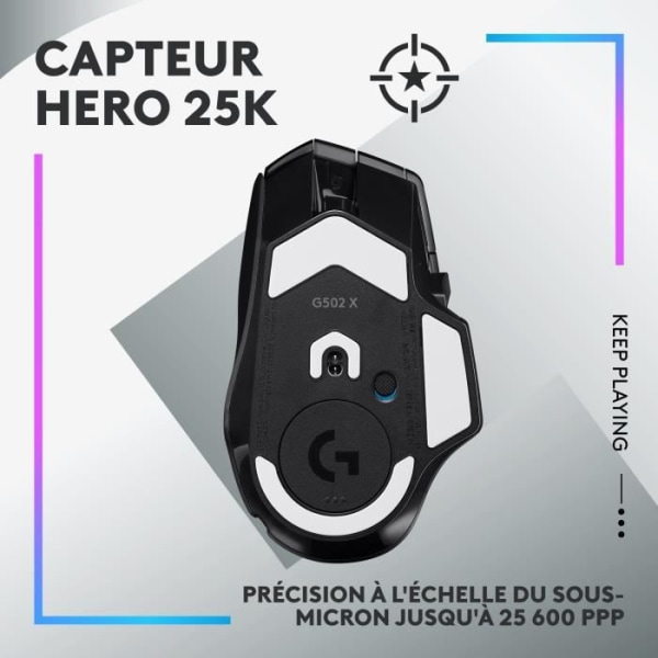 Logitech - G502 X Plus Lightspeed Mouse Gaming RVB Wireless - LightFor Hybrid -knappar, Gaming Hero 25K - Black Sensor