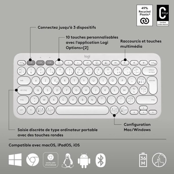 LOGITECH - Trådlöst tangentbord - Pebble Keys 2 M380s - Bluetooth - Easy-Switch-knapp - Vit - (920-011804)