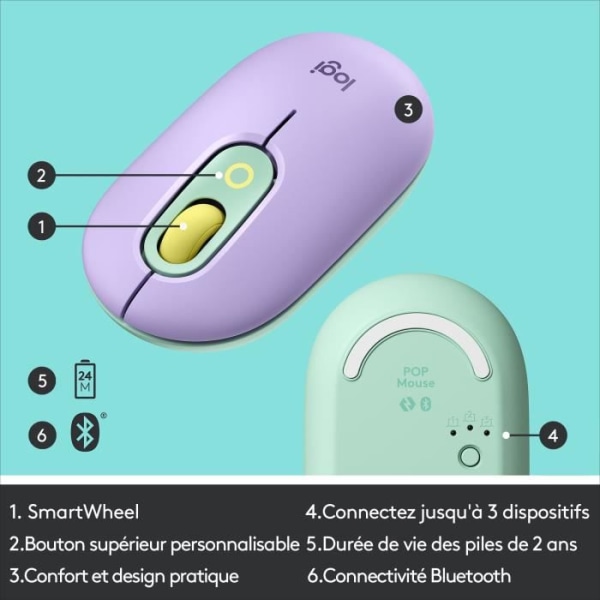 Logitech POP Mouse trådlös mus med anpassningsbara emojis, Bluetooth, USB, Multi-Device - Mint