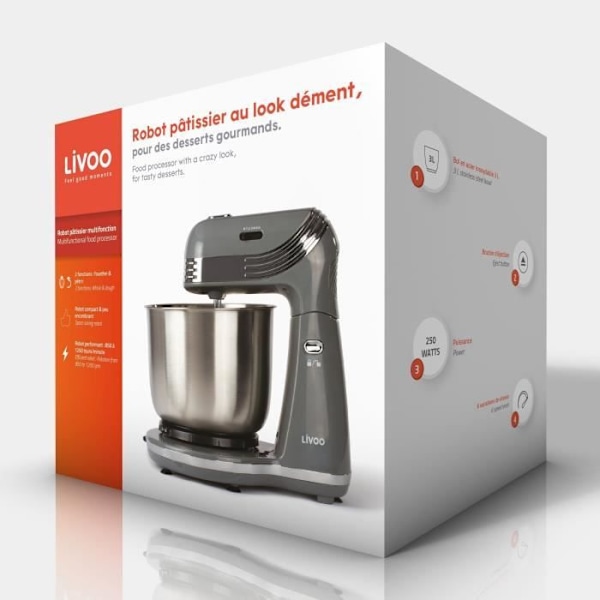 LIVOO DOP137G - Multifunktions konditorivarorobot - 3L skål i rostfritt stål - 6 hastigheter - Metallvisp och krok - Grå