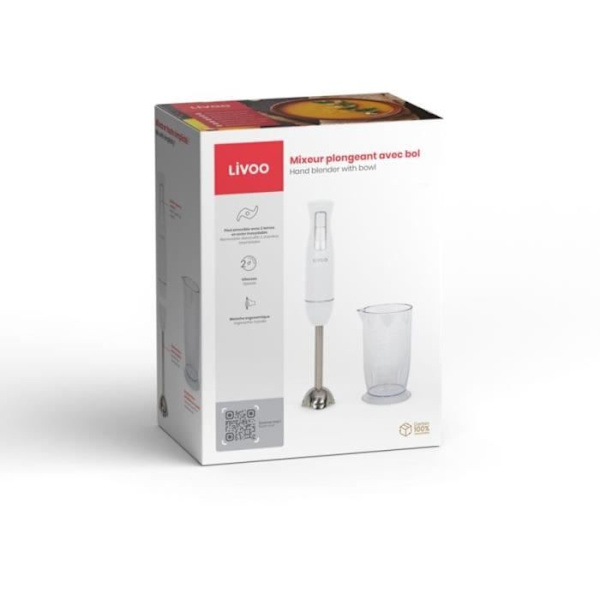 Stavmixer med skål - LIVOO - DOP245W - 400 W - 2 hastigheter - Vit