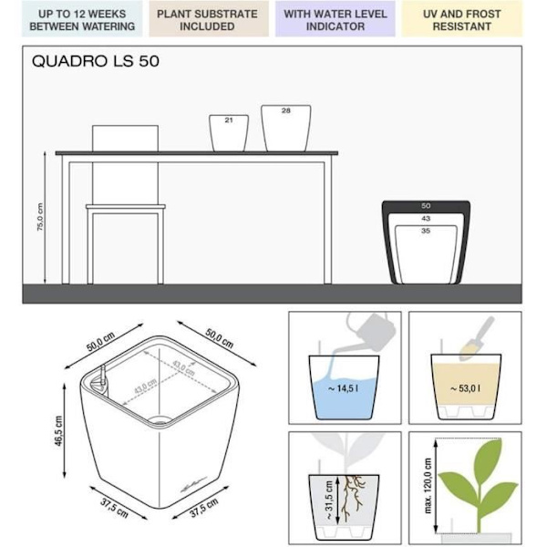 Blomkruka - LEC - Quadro Premium LS 50 - metalliskt silver - 15 L - integrerat bevattningssystem