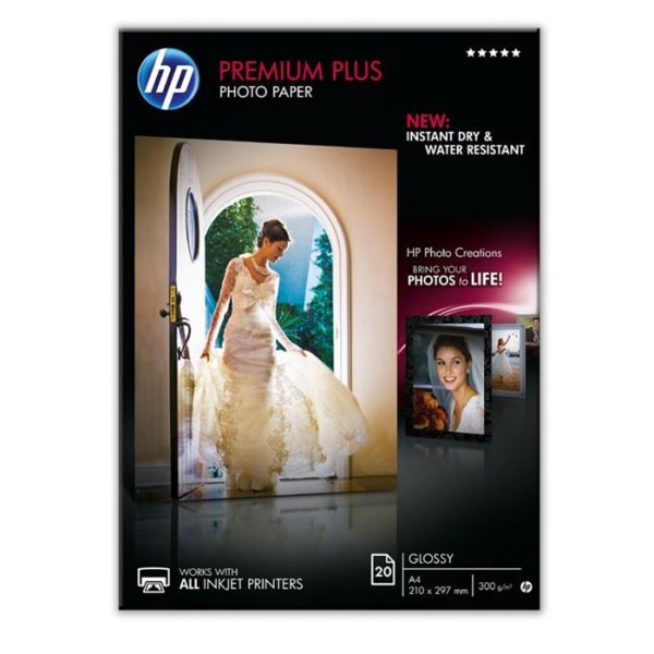 HP Premium Plus fotopapper, glättat, 300 g / m2, A4, 20 ark (CR672A)