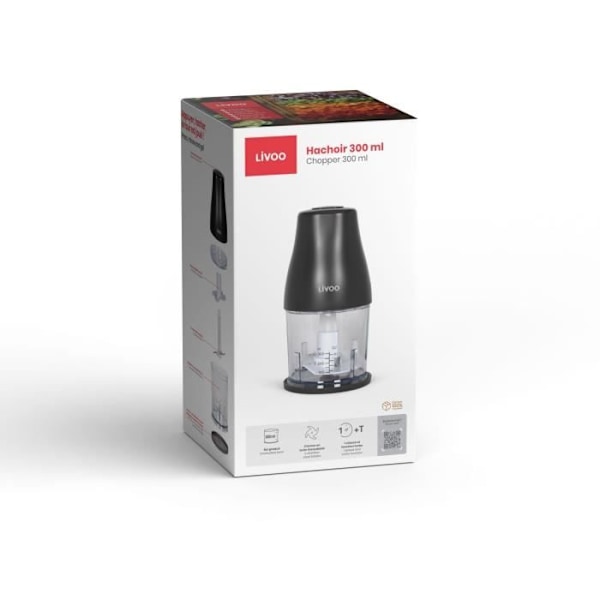 Chopper - LIVOO - 300 ml - 400 W - 1 hastighet och turbofunktion - 2 blad i rostfritt stål - Svart
