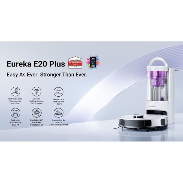 Robotdammsugare - EUREKA - E20 Plus - 8000 Pa - 65 dB(A) i tyst läge - Vit