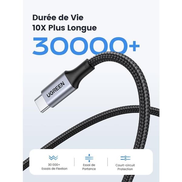 USB-C-kabel - UGREEN - Förstärkt typ C till C-kabel - 1 m - 100W - Svart