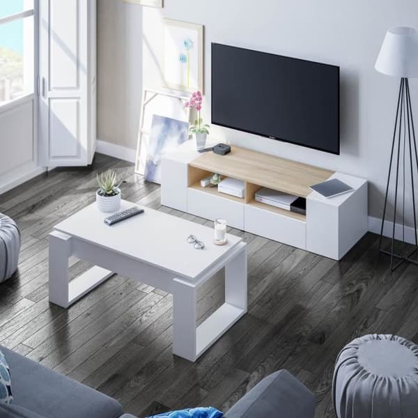 Lyftbart soffbord - Vit melamin - L 105 x D 55 x H 45 cm NOVA