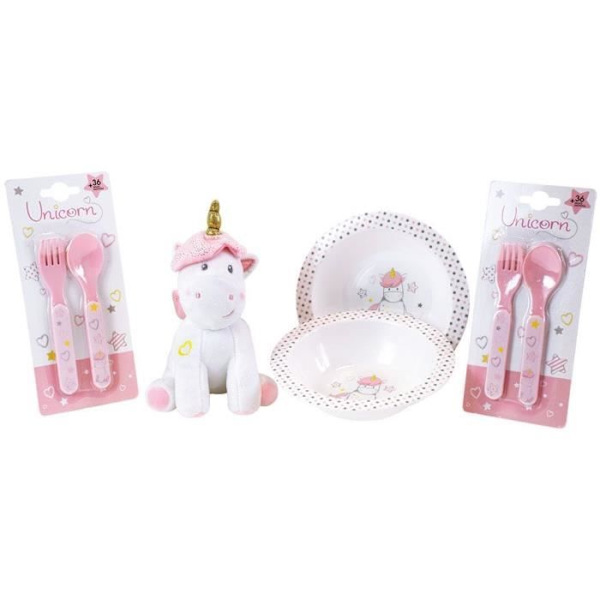 Unicorn servisset för barn - FUN HOUSE - 006319 - 2 tallrikar, 2 bestickset och 1 mjuk plyschleksak