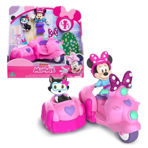 Minnie, Fordon med 1 statyett 7,5 cm och 1 tillbehör, Modell Scooter med sidovagn, Leksak för barn från 3 år, MCN182