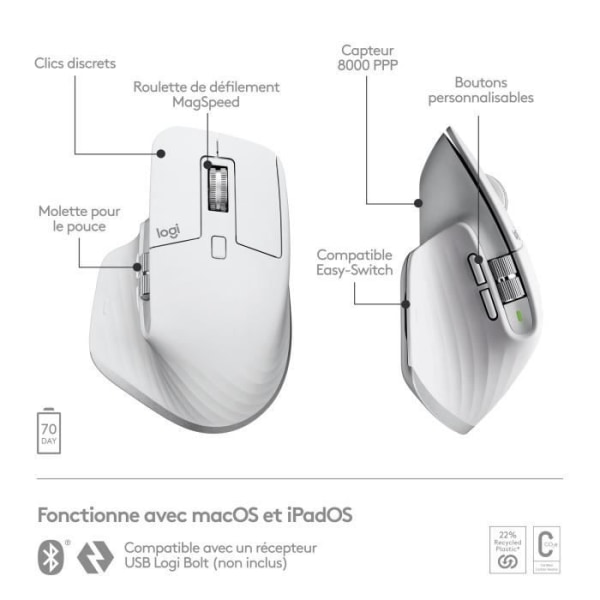 Logitech - Ergonomic Wireless Mouse - MX Master 3S för Mac - Pale Grey