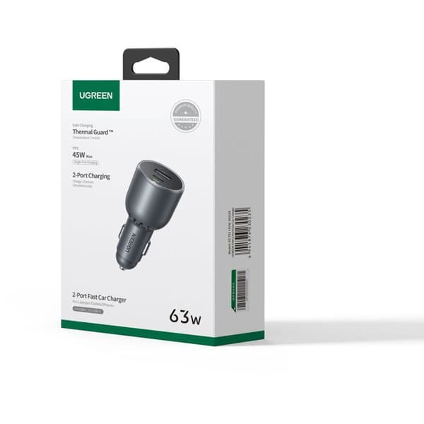 Billaddare - UGREEN - 1 USB-C + 1 USB-A - 63W - Grå