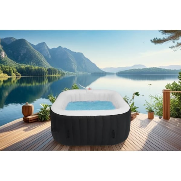 ALL-INKLUSIV SPA-KIT och tillbehör: 4-sits fyrkantigt uppblåsbart spa med 2 nackstöd, filter, nät, borste, matta, lock