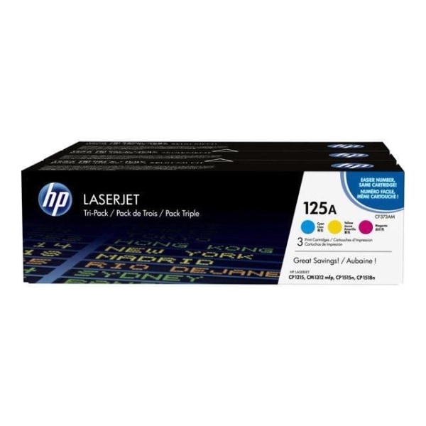 HP 125A-paket med 3 autentiska cyan / magenta / gula tonrar (CF373AM) för HP Color LaserJet CM1312 / CP1215 / CP1217 / CP1515 / CP1518