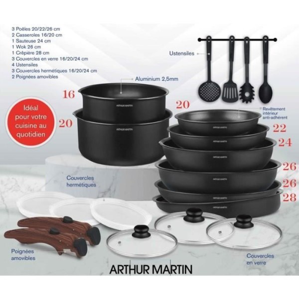 Köksredskap - Alla värmekällor inklusive induktion - Arthur Martin - AM0530 - Aluminium - Non-stick - 20 delar - Avtagbart handtag
