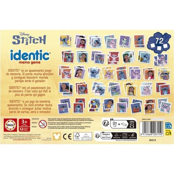 Identisk stygn - Memoryspel - EDUCA - 72 kort, utvecklar minne och uppmärksamhet - Från 3 år