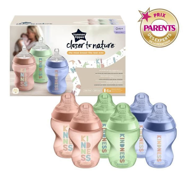 TOMMEE TIPPEE - Förpackning med 6 Closer to Nature-flaskor - Anti-kolik ventilspene - 260ml - Flerfärgad