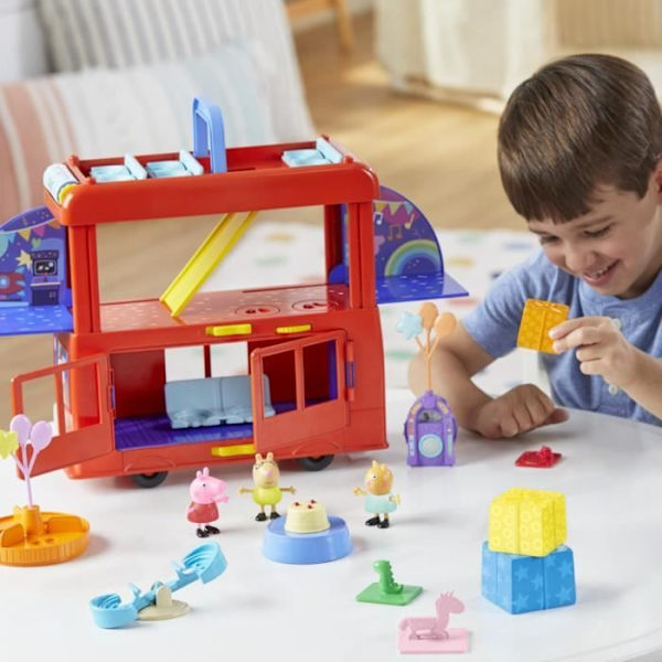 Peppa Pig, 2 i 1 Party Bus-set med 3 figurer och 13 tillbehör, förskoleleksaker för flickor och pojkar, 3 år