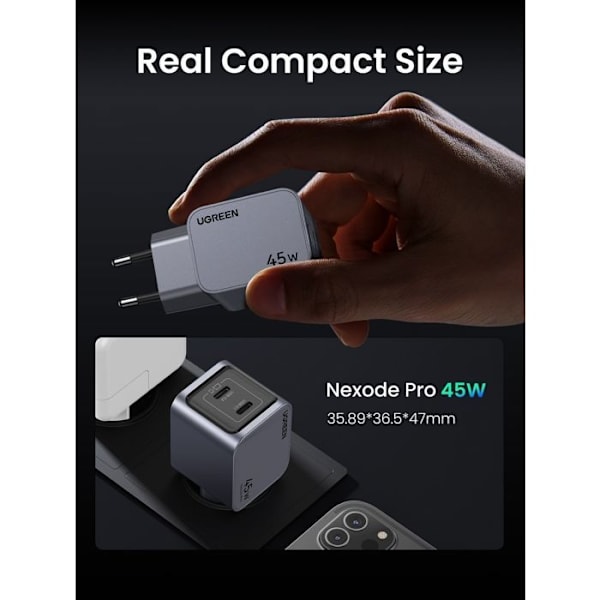 UGREEN Nätadapter - GaN 2 USB-C-portar - 45W - Grå