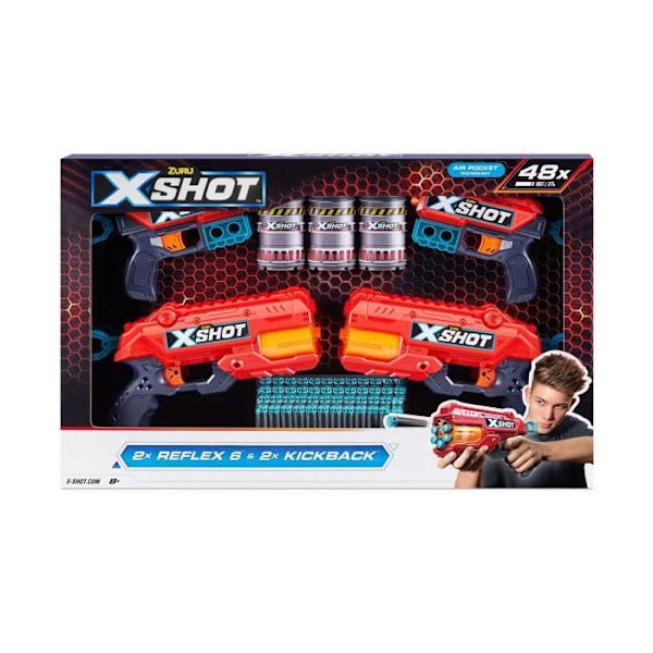 Pack Blasters - ZURU - Combo Pack 2 Kickback + 2 Reflex 6 - Kraftfulla sprängare med 27 meters skott och roterande pipa
