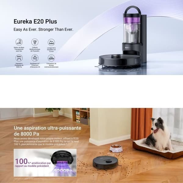 Robotdammsugare - EUREKA - E20 Plus - 8000 Pa - 65 dB(A) i tyst läge - Svart