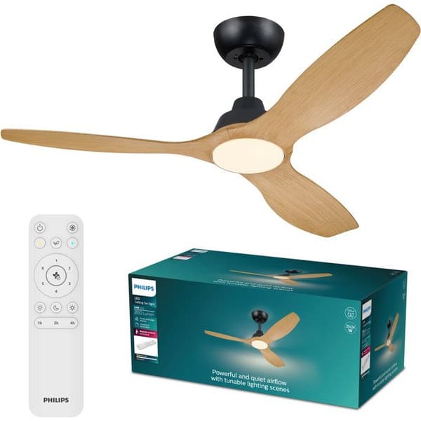 Takfläkt - Philips - Olas - Fasta blad - Diameter 132 cm - Svart/Trä - Integrerad LED + fjärrkontroll