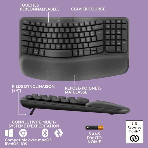 Tangentbord - Trådlöst - Logitech - Wave Keys - AZERTY - Ergonomiskt - Handledsstöd