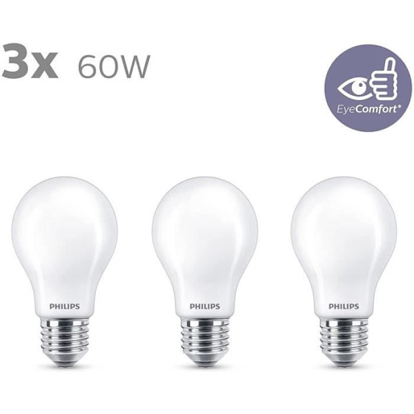 Philips, paket med 3 E27 LED 60W -glödlampor, varm vit
