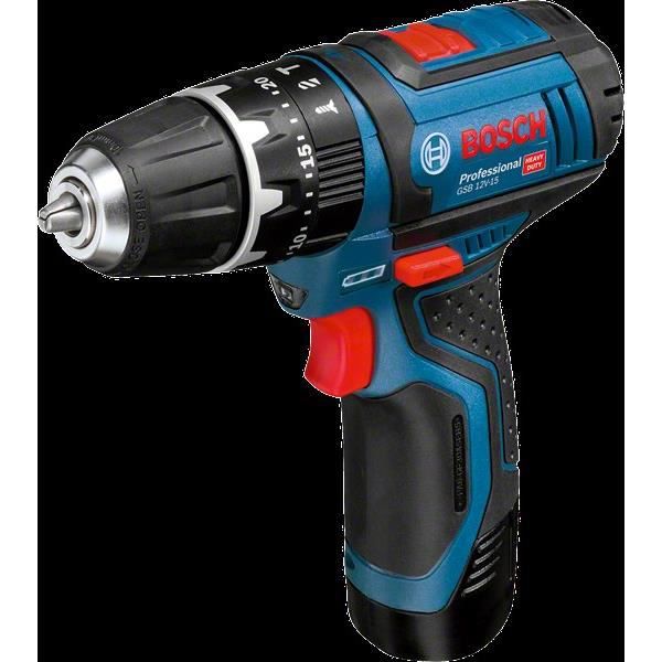 BOSCH PROFESSIONAL GSB 12V-15 slagborrmaskin + 2 batterier 2,0 Ah + GAL 12V-20 + väska