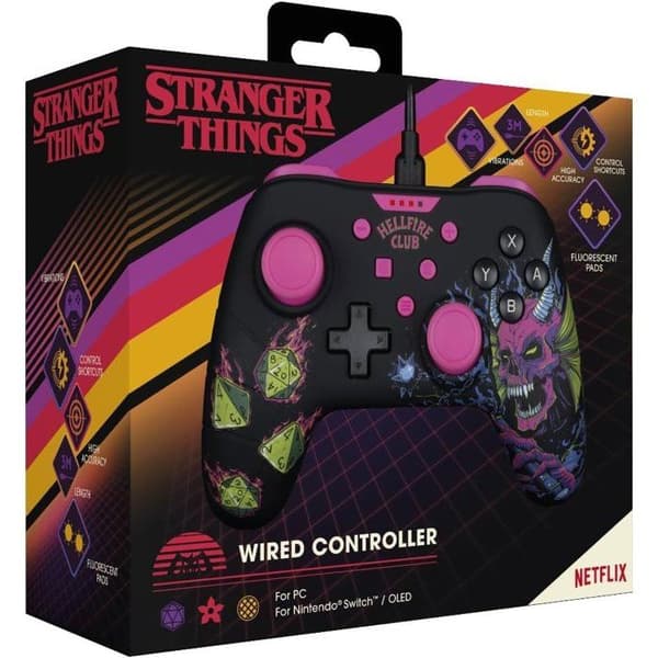 Gamepad - Nintendo Switch, Switch 2 och PC - Stranger Things - Kabelansluten - Svart och Rosa - Vibrationsfunktion - 3m Kabel - Konix