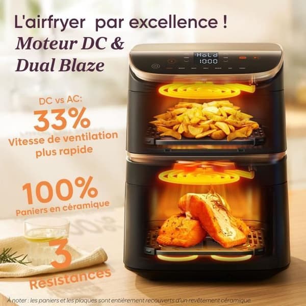 COSORI Oljefri Fritös - Turbo Tower Pro Smart - 10,8L Kapacitet - 2 Tankar - 7 Program - 2630W - Svart