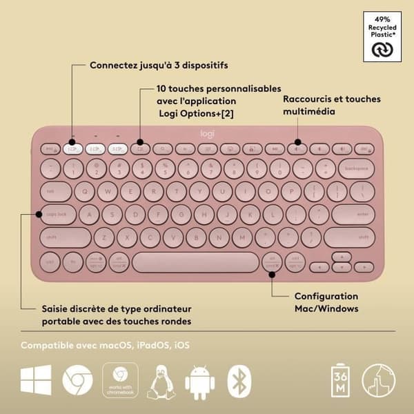 LOGITECH - Trådlöst tangentbord - Pebble Keys 2 M380s - Bluetooth - Easy-Switch-knapp - Rosa - (920-011805)