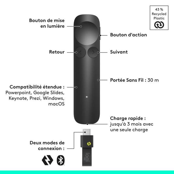 Presentationsfjärrkontroll - Trådlös - Logitech - Spotlight 2 - Bluetooth/USB-C - Grafitgrå