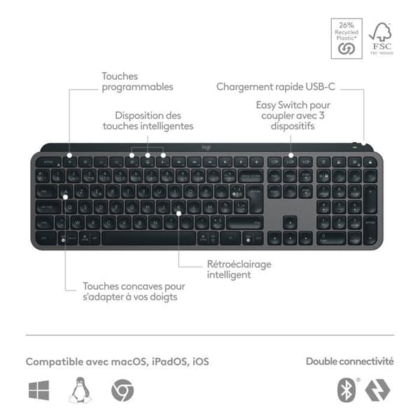 Tangentbord - Trådlöst - Logitech - MX Keys S Plus - AZERTY - Handledsstöd - Svart