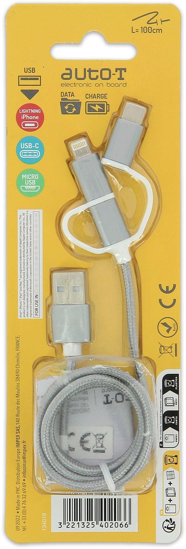 3-i-1-kabel - AUTO T - 540206 - Micro-USB - Apple - USB-C