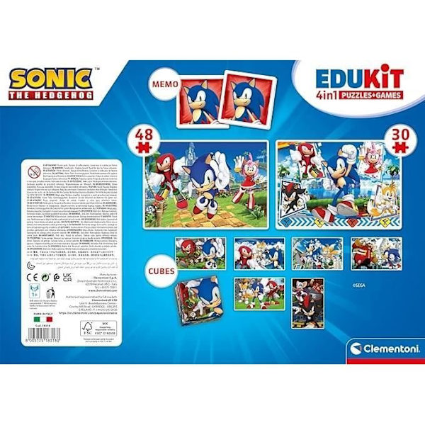 Clementoni - Edukit - Sonic - 4 i 1 inlärningslåda - 2 pussel, 1 memo, 1 set med 6 kuber - Tillverkad i Italien - från 4 år och uppåt