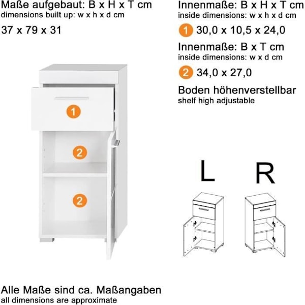 AMANDA badrumsbasenhet - 1 dörr + 1 låda - Blank vit - L37 x D31 x H79 cm