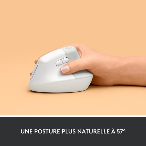 Logitech Lift Ergonomic Vertical Wireless Mouse, Bluetooth eller Logi Bolt USB-mottagare, tyst - off-white