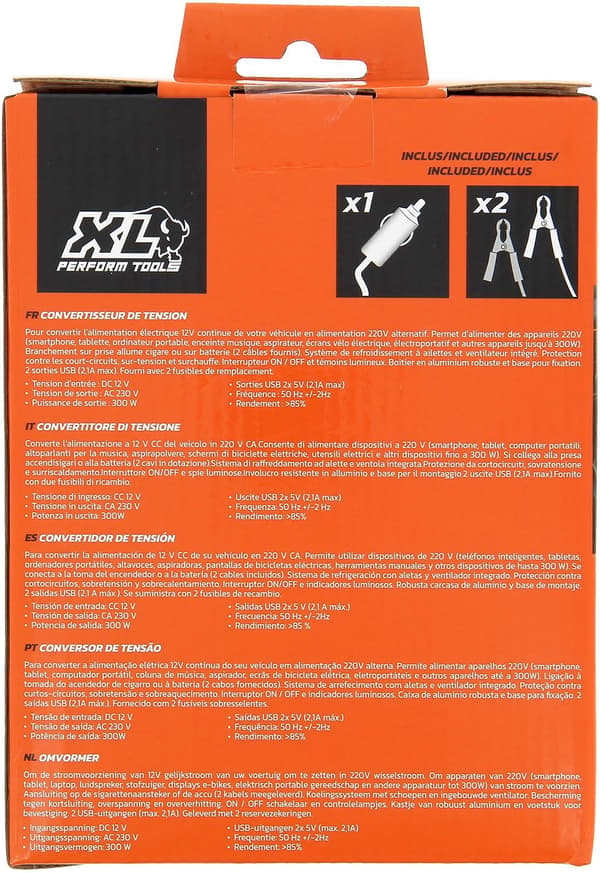 Omvandlare - XL PERFORM TOOLS - 12V-230V - 300W - 2 säkringar ingår - 2 USB-utgångar