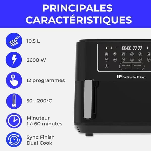 Continental Edison CEFR2400TB Airfryer - 2600 W - 10,5 L - Svart
