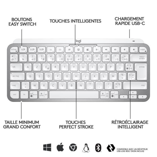 Logitech Wireless Keyboard - MX Keys Mini - PALE GRAY - Kompakt, Bluetooth, bakgrundsbelyst för MAC, iOS, Windows, Linux, Android