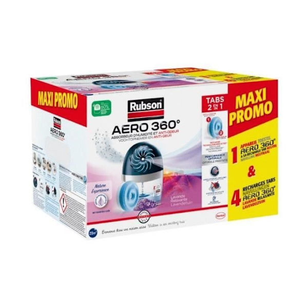 Fuktabsorbent - RUBSON - MAXI PROMO - 4 lavendelpåfyllningar + 1 Aero 360° enhet 20 m²