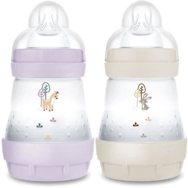 Set med 2 nappflaskor - MAM - Enkel start - Anti-kolik - 160 ml - Flow 1 napp - Lila + Sand