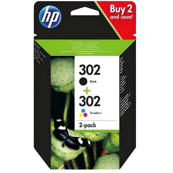HP 302 2-pack svart / trefärgade äkta bläckpatroner för HP DeskJet 2130/3630 och HP OfficeJet 3830 (X4D37AE)