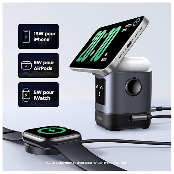 2-i-1 Laddstation - UGREEN - Robot - Qi2 - Svart