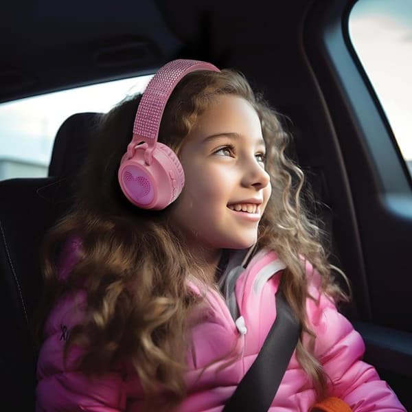 LEXIBOOK - Hopfällbara Bluetooth- och trådbundna lysande hörlurar med rosa 3D-strasdesign och volymbegränsare