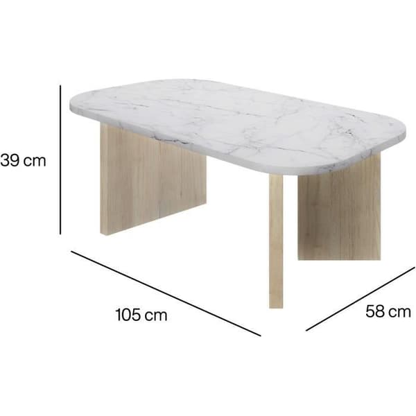 Ovalt soffbord - QUARTZ - Vit marmoreffekt - Tjocka ekben - 105 x 58 x 39 cm - DIAGONE