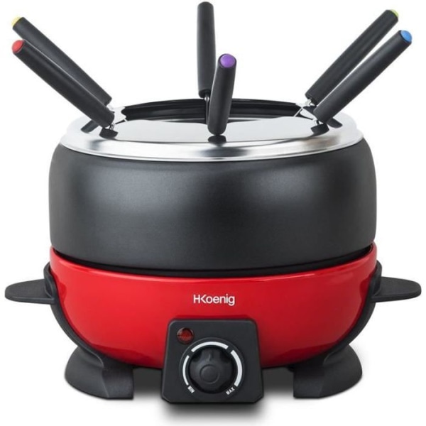 HKoeNIG ALP1800 - Elektrisk fondue 6 personer - 2L - 800W - Justerbar termostat 25 ° C till 190 ° C - Avtagbar kastrull - Röd och svart